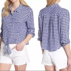 Anthropologie Rails White Gingham Blue Checkered Plaid Tie Front Button Down S